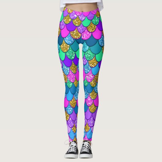 Glitzer Farbenfrohe, mehrfarbige Meerjungenskala Leggings (Vorderseite)