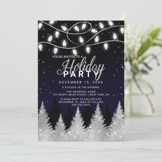 Glitzer-Feiertag mit weißer Lichter Einladung (Stehend Vorderseite)