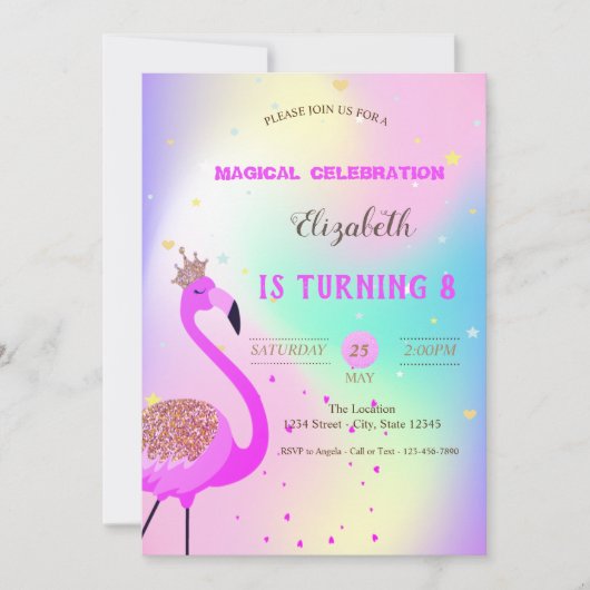 Glitzer Flamingo, Ombre Holographic Birthday Einladung (Vorderseite)