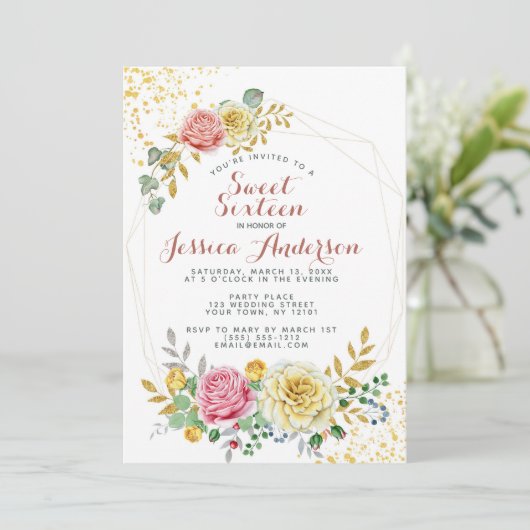 Glitzer Floral 16 . Geburtstag Einladung (Stehend Vorderseite)