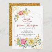 Glitzer Floral 16 . Geburtstag Einladung (Vorne/Hinten)