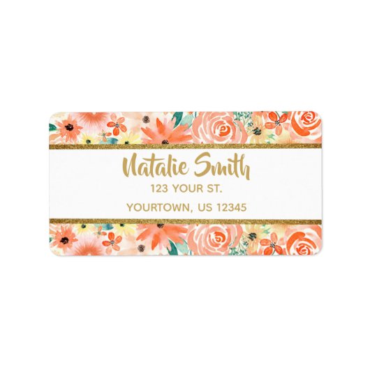 Glitzer Floral und Gold Elegante Rücksendeadresse Adressaufkleber (Vorne)