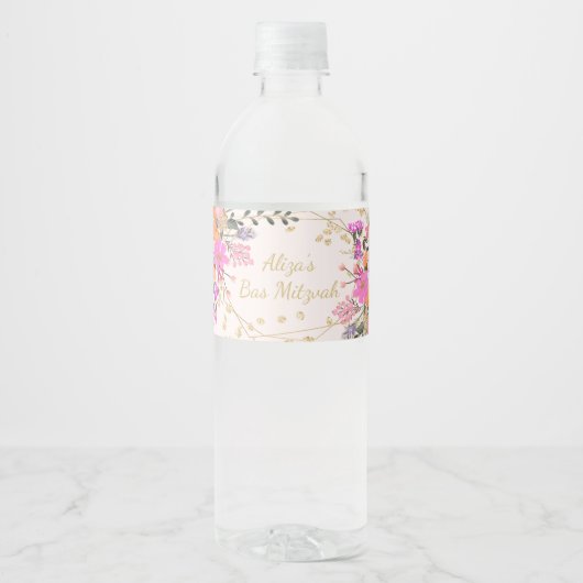 Glitzer florale Aquarellbas mitzvah Wasserflaschenetikett (Vorderseite)