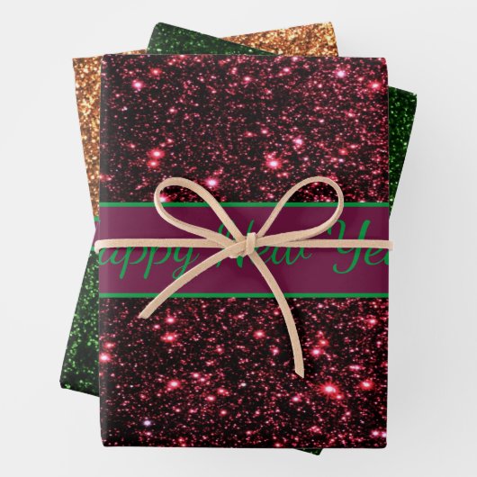 Glitzer Frohes neues Jahr Glitzer Text dreiteilig Geschenkpapier Set (Beispiel)
