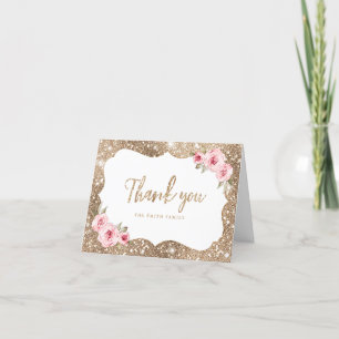 Glitzer, Funkeln und rosa florale Danksagungskarte Dankeskarte