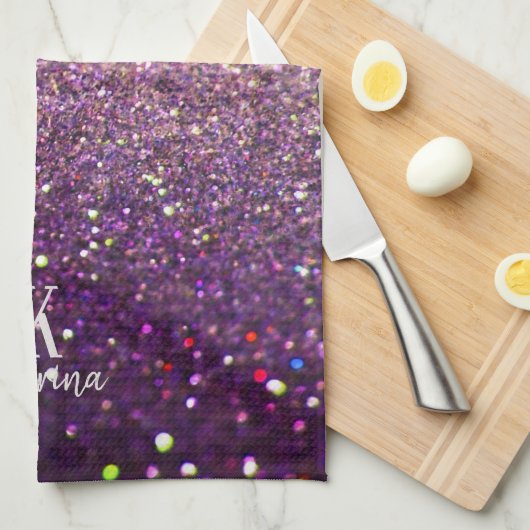 Glitzer funkelnd lila Silbername mit Monogramm Geschirrtuch (Viertel Falte)