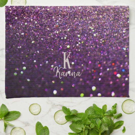 Glitzer funkelnd lila Silbername mit Monogramm Geschirrtuch (Gefaltet)