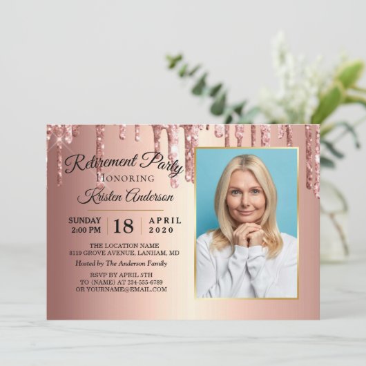 Glitzer Funkelnd Rose Gold Rente Party Einladung (Stehend Vorderseite)