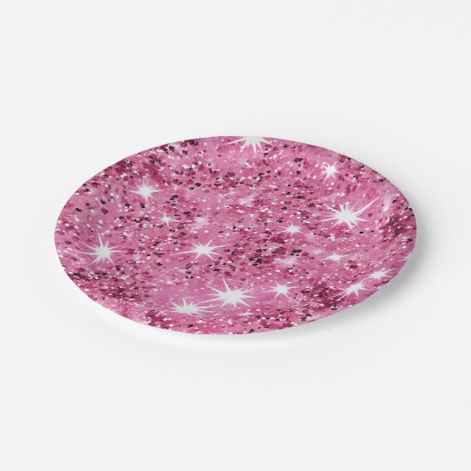 Glitzer für glatte, rosafarbene Stars Pappteller (Schrägansicht)