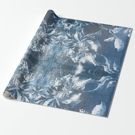 Glitzer für Vintages blaues Blumenmotiv Geschenkpapier (Ungerollt)