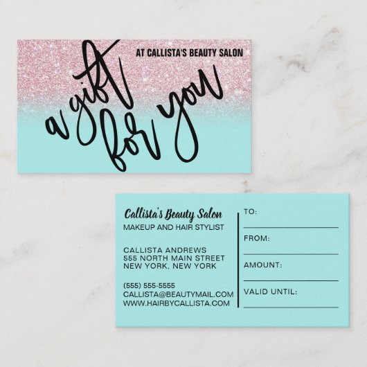 Glitzer-Geschenkgutschein für Rosa Minze Visitenkarte (Vorne/Hinten)