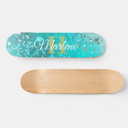 Glitzer Girly Aquamarin Mermaid Monogram Name Fant Skateboard (Horizontal)