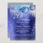 Glitzer Glam 21. Geburtstag Blue Disco Ball Einladung (Vorne/Hinten)