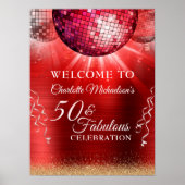 Glitzer Glam 50 & Fantastisches Rotes Disco Ball Poster (Vorne)