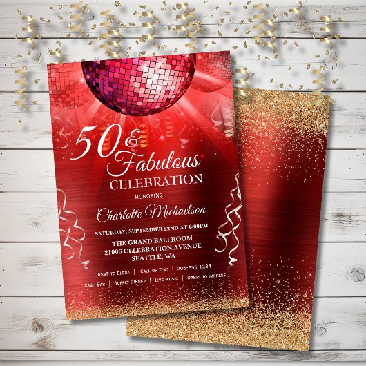 Glitzer Glam 50 und fabelhafter Red Disco Ball Einladung