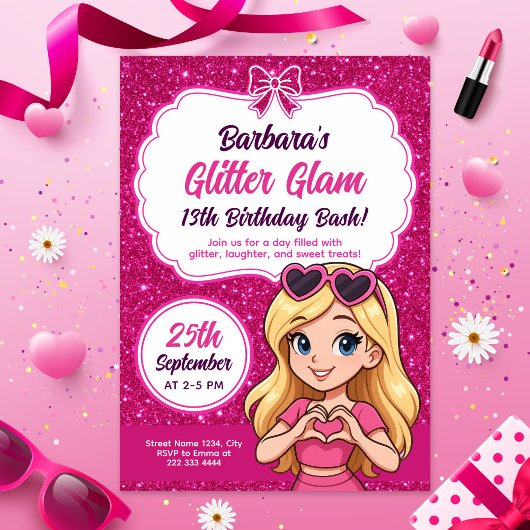 Glitzer Glam Birthday Bash Editable Funkelnd Pink Einladung