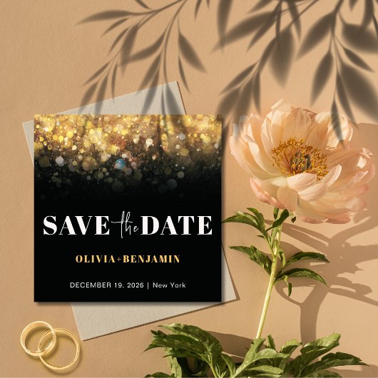 Glitzer Glam Black and Gold Wedding Save the Date Einladung