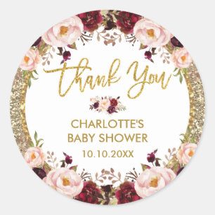 Glitzer Glam Burgunder-Rosé-Blüten-Baby-Party Runder Aufkleber