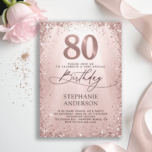Glitzer Glam Rose Gold Calligraphie 80. Geburtstag Einladung