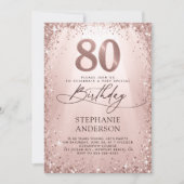 Glitzer Glam Rose Gold Calligraphie 80. Geburtstag Einladung (Vorderseite)