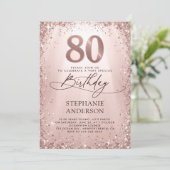 Glitzer Glam Rose Gold Calligraphie 80. Geburtstag Einladung (Stehend Vorderseite)