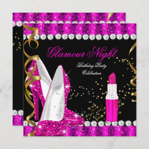 Glitzer Glamour Hot Pink Gold Black Birthday Einladung