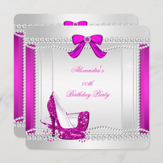 Glitzer Glamour Hot Pink High Heels Pearls Party Einladung (Vorne/Hinten)