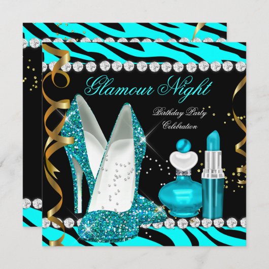 Glitzer Glamour Night Aquamarin Blue Gold Zebra Einladung (Vorne/Hinten)