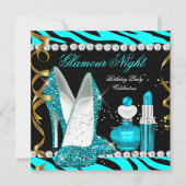 Glitzer Glamour Night Aquamarin Blue Gold Zebra Einladung (Vorderseite)