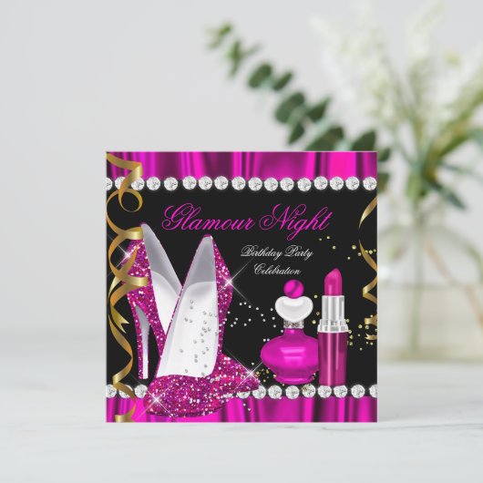 Glitzer Glamour Night Deep Pink Gold Black Party 2 Einladung (Stehend Vorderseite)