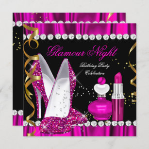 Glitzer Glamour Night Deep Pink Gold Black Party 2 Einladung