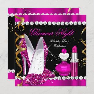 Glitzer Glamour Night Deep Pink Gold Black Party Einladung