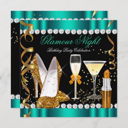 Glitzer Glamour Night Jade Gold Black Party 2 Einladung (Vorne/Hinten)