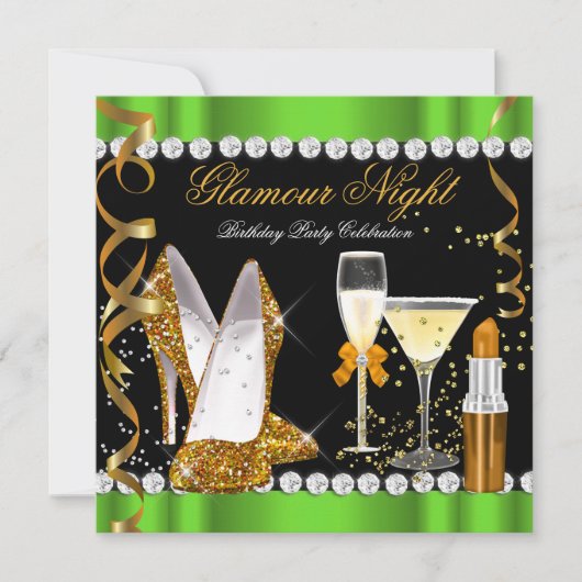 Glitzer Glamour Night Lime Green Gold Black Party Einladung (Vorderseite)