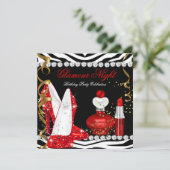 Glitzer Glamour Night Red Gold Black Zebra Einladung (Stehend Vorderseite)