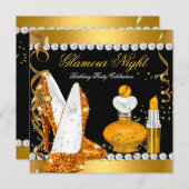 Glitzer Glamour Night Yellow Gold Black Party Einladung (Vorne/Hinten)