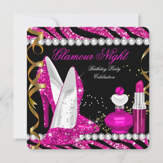 Glitzer Glamour Night Zebra Deep Pink Gold Black 2 Einladung (Vorderseite)
