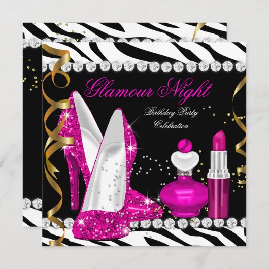 Glitzer Glamour Night Zebra Deep Pink Gold Black Einladung (Vorne/Hinten)