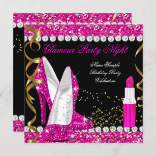 Glitzer Glamour Party Hot Pink Gold Black Einladung
