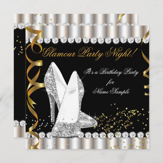 Glitzer Glamour Party Night Silver Gold High Heel Einladung (Vorne/Hinten)