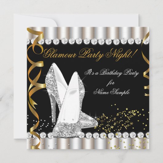 Glitzer Glamour Party Night Silver Gold High Heel Einladung (Vorderseite)