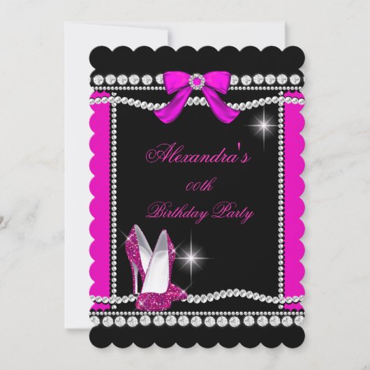 Glitzer Glamour Schwarz Heiß rosa High Heels Gebur Einladung (Vorderseite)