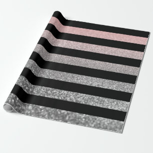 Glitzer glänzend silberrosa schwarzer Streifen Geschenkpapier