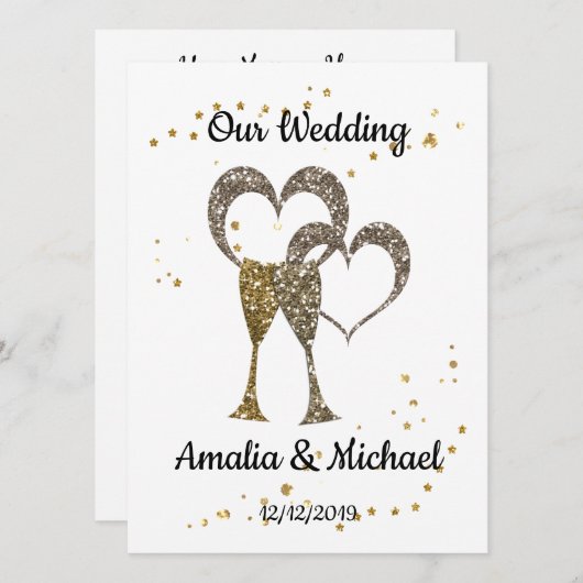 Glitzer glänzt Gläser Champagnerherzen Einladung (Vorne/Hinten)