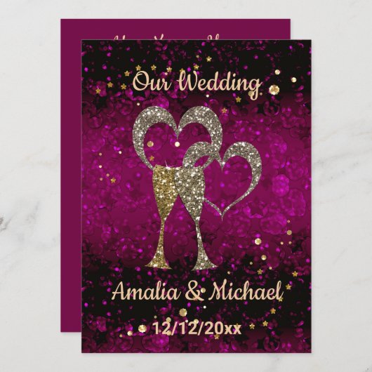 Glitzer glänzt Gläser Champagnerherzen Einladung (Vorne/Hinten)