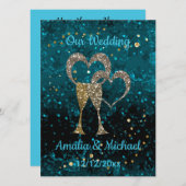 Glitzer glänzt Gläser Champagnerherzen Einladung (Vorne/Hinten)