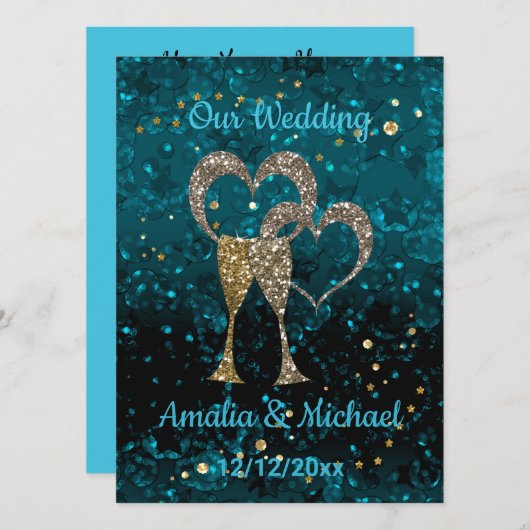 Glitzer glänzt Gläser Champagnerherzen Einladung (Vorne/Hinten)