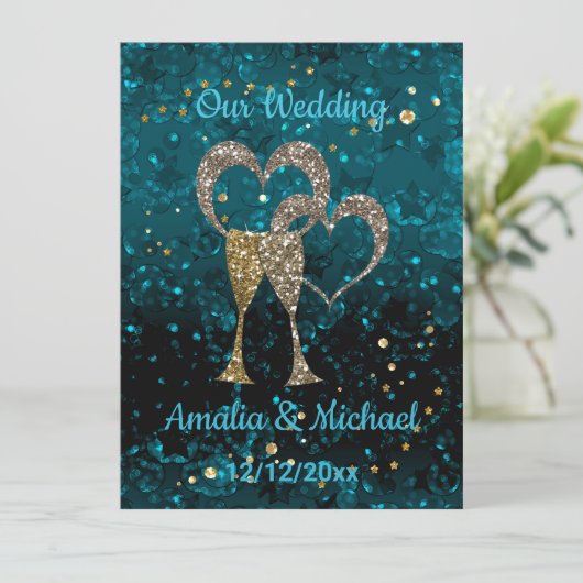 Glitzer glänzt Gläser Champagnerherzen Einladung (Stehend Vorderseite)