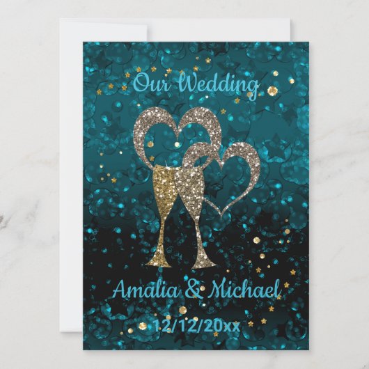 Glitzer glänzt Gläser Champagnerherzen Einladung (Vorderseite)