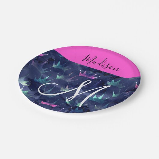 Glitzer Glitzern Mermaid Crowns Monogram Pappteller (Schrägansicht)